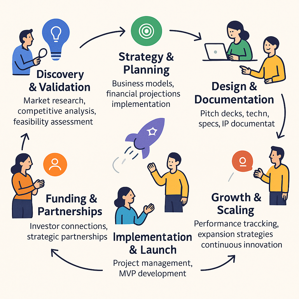 6-Phase Innovation Journey: Discovery & Validation, Strategy & Planning, Design & Documentation, Funding & Partnerships, Implementation & Launch, Growth & Scaling